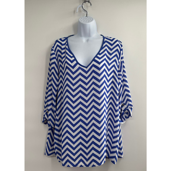 NWOT Kiara Royal Blue/White 3/4 Sleeve Chevron Print Hi Low Top XL (Flaw) - Picture 6 of 8
